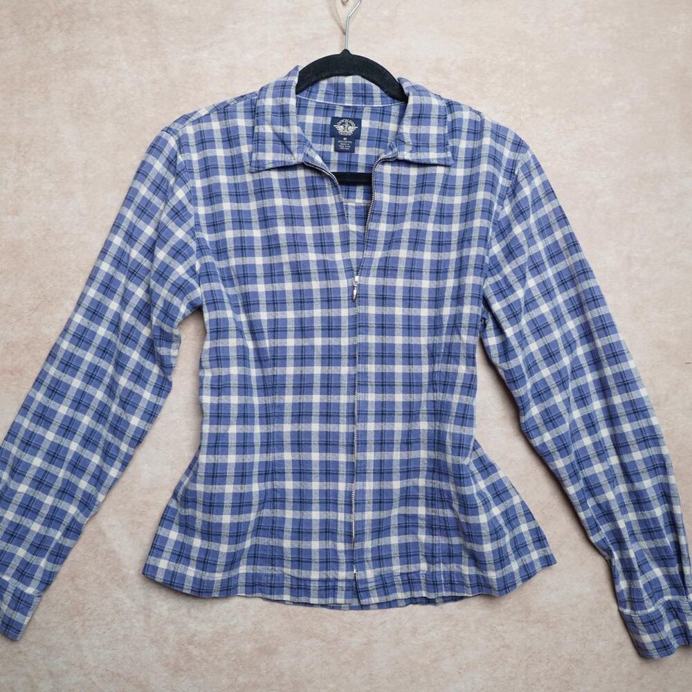 Dockers Plaid Zip Up Shirt Blue Cotton M Y2K
